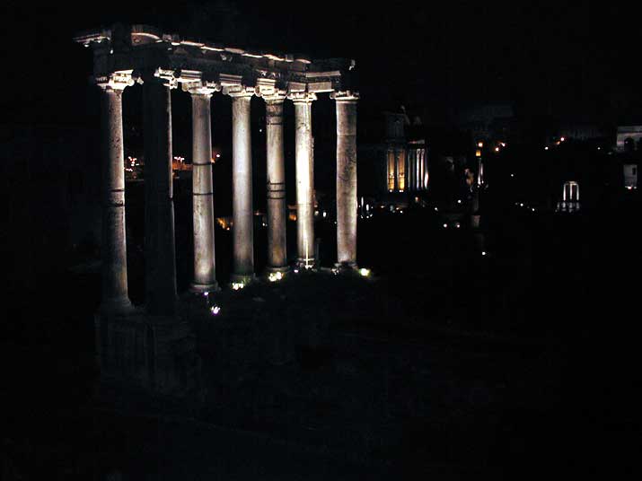 The Temple of Saturn in the ancient Roman forum at night