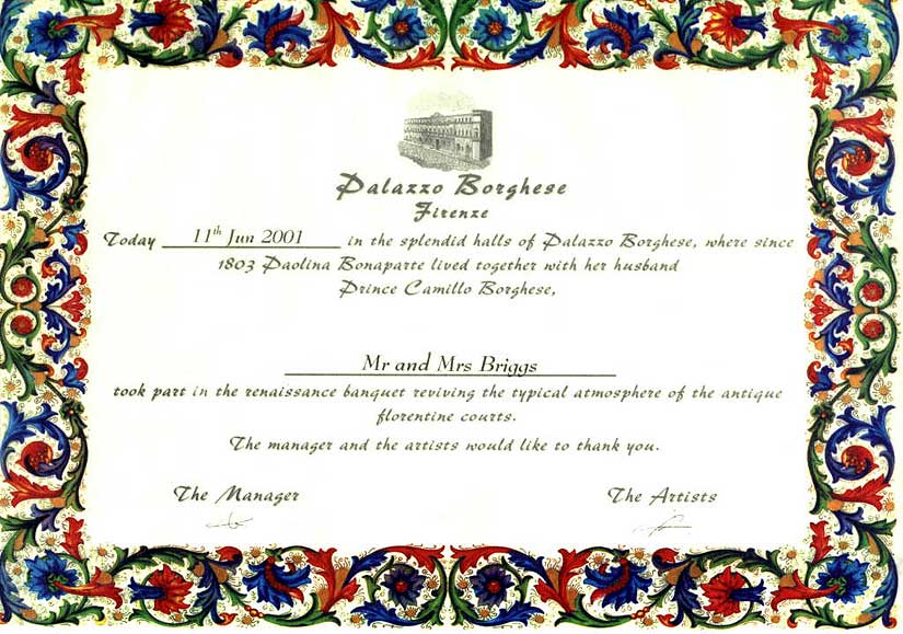The certificate from the Banquet in a Renaissance Palace at the Palazzo Borghese in Florence, Italy
