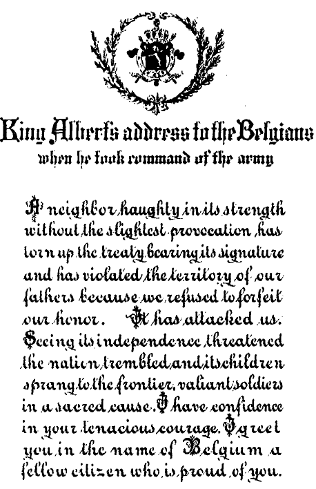 King Albert's address to the Belgians