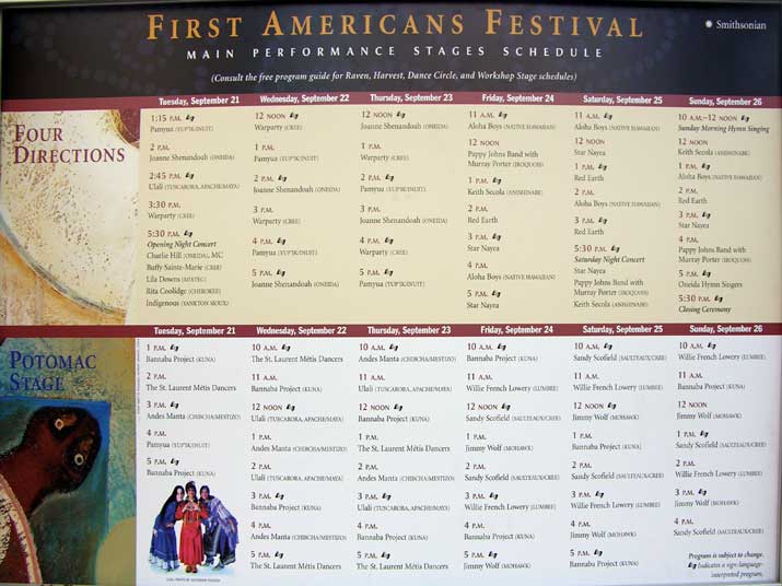 Billboard with the schedule for the First Americans Festival